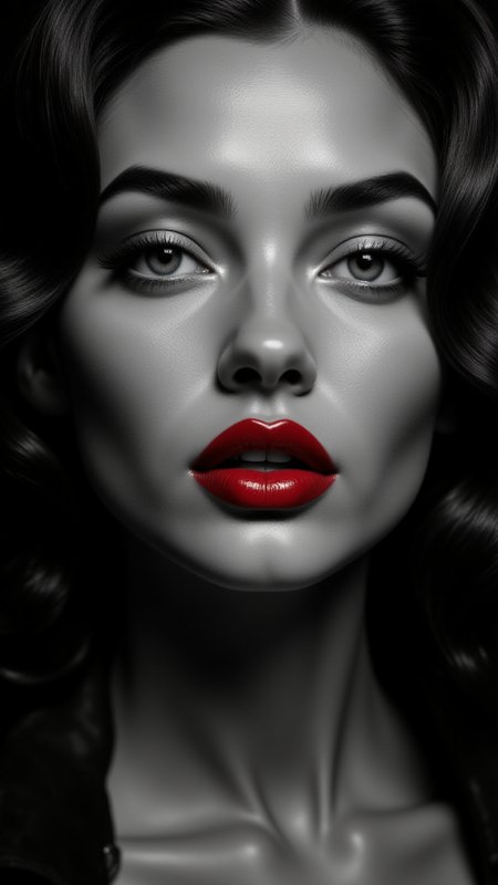 A black-and-white close-up of a supermodel with vintage Hollywood styling. Her hair is styled in soft waves, framing her face elegantly, and her lips are painted in classic, bold red (despite the monochrome setting, the viewer can imagine the intensity of the color). Her skin is perfectly smooth, and a single beauty mark adds to her timeless allure. The lighting is dramatic, casting deep shadows and giving her face a sculpted, iconic look,<lora:BetterPortraits:0.7>, jedjv1,  <lora:JedJourney_epoch_7:0.3>