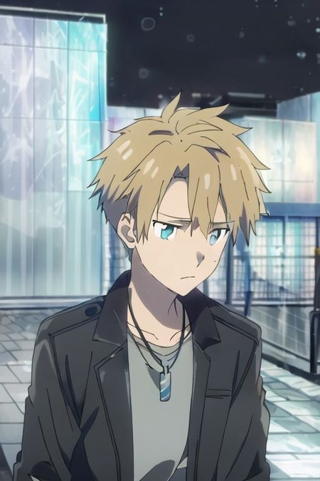 high resolution, professional photography, solo, best quality, 1Boy, Yamato Ishida, Blond Hair, Deep Blue Eyes, Necklace, heavy rain, downtown, night, looking down, sad, leather jacket, looking away, OverallDetail