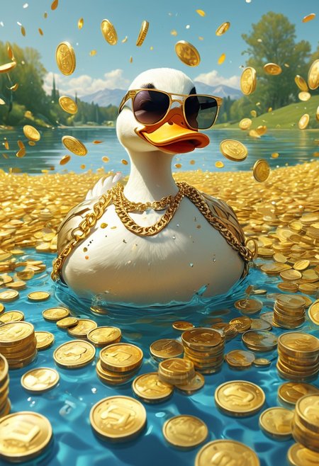 cartoon-style scene of a fabulously wealthy duck, h0w4rdth3duck, vibrant field filled with fluttering dollar bills, wearing a lavish bling-bling gold chain, sunglasses, looking relaxed. swimming in a pool of  Oversized coins spanning the entire frame. Bright, sunny,  lake of golden coins, falls of gold coins instead of water,
[style of greg rutkowski,janek sedlar,jenny saville:0]  <lora:vivid_everclear:0.35>  <lora:Sinozick:0.35>  <lora:MJ52:0.35>