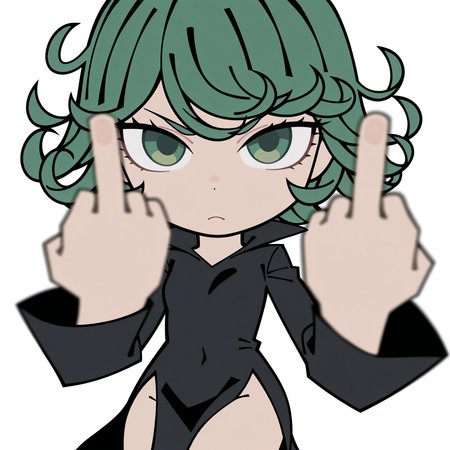highres, hi res, best quality, masterpiece, 2d,
1girl, solo, female, eyelashes, green eyes, green hair, tatsumaki,
cowboy shot, looking at viewer, chibi, meme, parody, flat color, middle finger, 
depth of field, white background, simple background, <lora:ZZZ_Stroll_Sticker_ILXL:1>