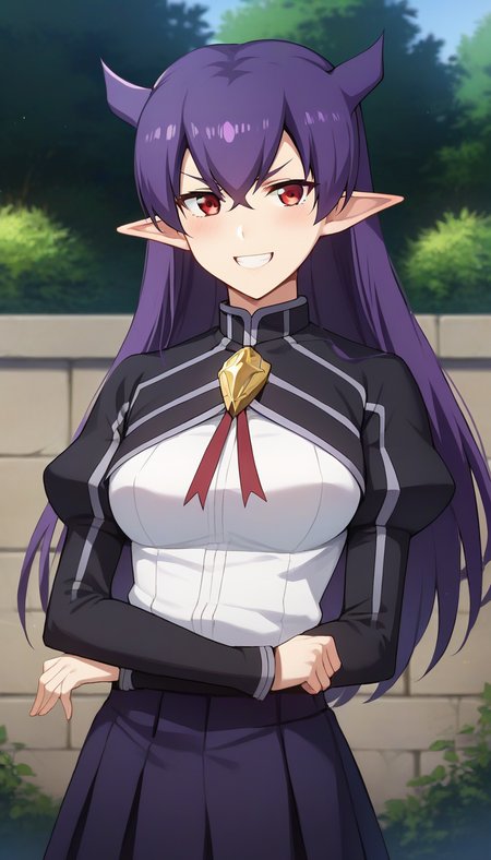 score_9,score_8_up,masterpiece,best quality,correct anatomy,anime_source,1girl,solo,perfect eyes,perfect arms,perfect legs,perfect face,outdoors,upper body,(portrait:1.5),looking at viewer,facing viewer,evil smile,blush,Maria,horns,long hair,purple hair,pointy ears,hair between eyes,parted bangs,v-shaped eyebrows,red eyes,grin,school uniform,black capelet,long sleeves capelet,brooch,choker,red ribbon,turtleneck shirt,white shirt,juliet sleeves,puffy sleeves,medium breasts,skindentation,miniskirt,purple skirt,pleated skirt,black socks,loafers,<lora:Maria(ek)-Pony:1.6>,
