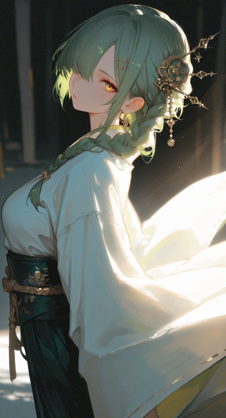 masterpiece, best quality, good quality, very awa, very aesthetic, absurdres, newest, 1girl, solo, long hair, closed mouth, Amber eyes, braid, green hair, hair over one eye, medium breasts, jewelry, japanese clothes, wide sleeves, hair ornament, Hairpin, earrings, dynamic pose, glintï¼ looking at viewer, blurry, blurry background,
bloom, sunbeam,sidelighting,light rays, From Side,Dutch Angle,Perspective,low view, <lora:ponyv6_noobV1_2_adamW-000017:0.7> <lora:USNR_STYLE_XL_lokr:0.45> <lora:EtherSDXL:0.15> <lora:745cmSDXLvpred75S:0.45>