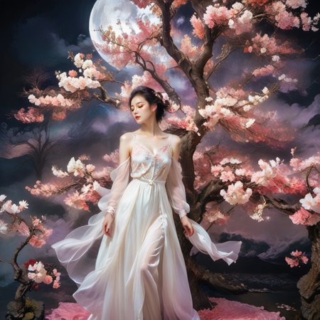 <lora:add-detail-xl:1.0>, 1girl, solo, dress, tree, moon, closed eyes, jewelry, black hair, see-through, cherry blossoms <lora:LangV1:0.7>, <lora:RuanV1:0.6>,