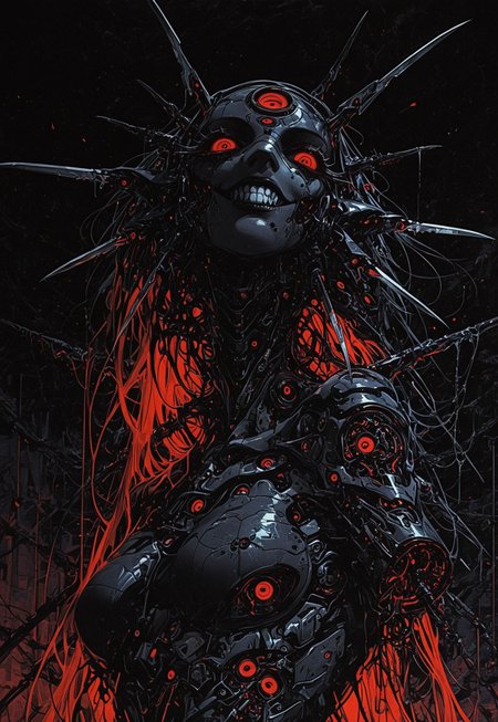 masterpiece, best quality, amazing quality, high resolution, aesthetic, 1girl, (robot girl:1.5), (robot face:1.3), black body with red details, retro sci-fi, big grin, amputee, missing arm, , red eyes, asymmetric hair, headtilt, broken robot, crazy, dark background,  DRKWB,  mcnm, blades, dangerous, from angle, horror background, close up