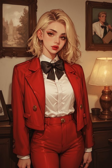 1girl, black nails, solo, black  multicolored hair, blonde hair, jewelry, holding, , holding sign, , looking at viewer, earrings, white shirt, shirt, red jacket, jacket, red pants, ring, makeup, two-tone hair, bow, black bow, sign, pants, indoors, lamp, suit, lipstick, bowtie, formal, brown eyes, picture frame, nail polish, red suit, medium hair, blurry, zPDXL3, detailxl,  Score_PnyReal