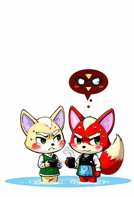 sketch,
  duo,
   cute Fox mcCloud,
   antro, poppy, marshall, white fur, red fur, pink fur, two colored fur, dress, sweater, bangs, blush,
 sweating, embarrassed, horny expression,
hot steam, coffee cup bath tub, towel wrap