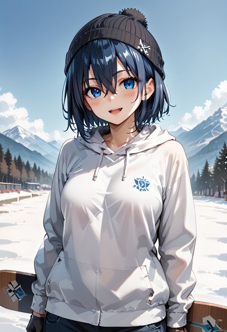 score_9, score_8_up, score_7_up, score_6_up, score_9, score_8_up, kaede (1girl, blue eyes, dark blue hair, blush, big tits, hair between eyes, short hair).
(smirk:0.9), (open mouth:0.9), cute, 
beanie, gloves, snowboarding, leaning back, 
(snowboard:1.1), slope, at snowy mountain, day, 
sharp focus, looking at viewer, from below, motion blur, depth of field, (intricate:1.1), (white tone:1.1), (pale blue tone:0.9), (white atmosphere:1.1), 
llustration, (anime coloring:1.1), high contrast, 
(masterpiece:1.2), (best quality:1.2), (very aesthetic:1.2), (absurdres:1.2), (detailed background), newest, ai-generated, (intricate details:1.2).