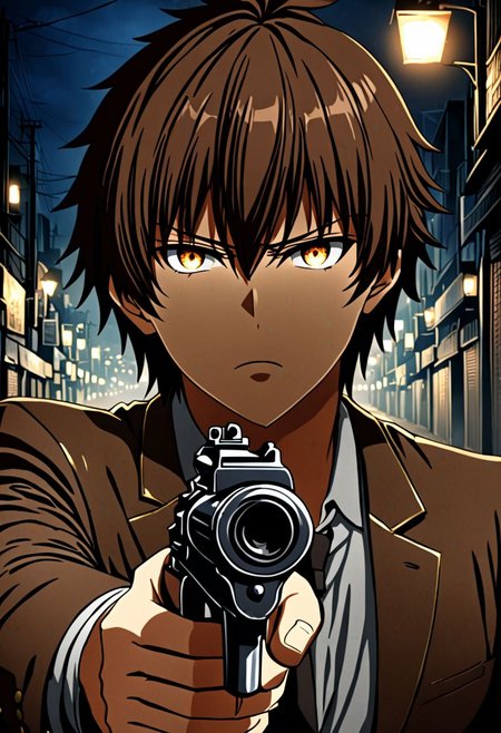 high resolution, solo, best quality, 1Boy, Seiya Kanie, Brownish Hair, portraits, midnight, dim street lights, mysterious, threatening, gun, aiming the gun to the viewer, OverallDetail