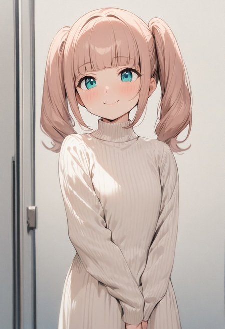 masterpiece, best quality,  1girl, solo, twin drills, twintails, blunt bangs, soft peach hair, aqua eyes, smile, long sleeves, white dress, standing, no desks