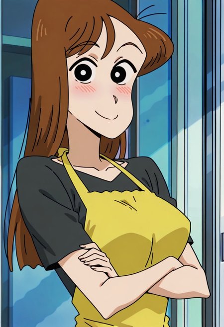 best quality, masterpiece, anime screencap, anime coloring, ultra detailed, source_anime, intricate details, perfect anatomy, looking at viewer,
nakamura, long hair, brown hair, black eyes, breasts,
crossed arms, 1girl, solo, shirt, short sleeves, upper body, apron, black shirt,
smile, blush,
