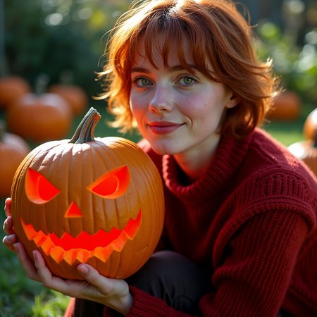 The photograph in question is a stunning production still, capturing a young woman with short red hair, dressed in a textured red wool sweater, sitting in a London garden during a sunny Halloween day.  She is holding a terrifying-looking carved pumpkin, with a red glowing from inside, in her hand.  The photograph is shot on 35mm film, providing a timeless and classic quality to the image. The lens used is sharp, rendering every detail of the scene with crisp clarity.
The photograph is taken from a low angle, looking up at the subject, creating a sense of intimacy and vulnerability. The close-up shot focuses on the subject's face and upper body, with a side profile view that showcases her candid smile and the warmth in her expressive eyes. Her green eyes are the focal point of the image, catching the light in a way that is both appealing and alluring.
The garden surrounding the subject is daytime autumn garden, with carved pumpkin all around, providing a natural and organic backdrop to the scene. The sunlight filters through the garden, casting a warm and inviting light on the subject's face. The professional lighting and color grading of the photograph enhance the clean and sharp film look, with even lighting that highlights the subject's light freckles, natural skin imperfections, and visible skin pores.
Overall, the photograph is a beautiful and evocative image that captures the spirit and personality of the young woman in a candid and authentic way. The combination of the 35mm film, sharp lens, low angle, and close-up shot creates a stunning visual that is both timeless and modern, making it a perfect production still for a movie.