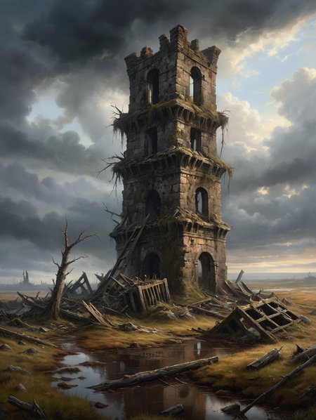oil painting, A collapsed tower in the moorland, dark clouds, (misty:1.5), creepy atmosphere, dramatic light, (darkness:2.5), 34K uhd, masterpiece, high detail, 8k, intricate, detailed, high resolution, high res, high quality, <lora:add-detail-xl:1.8>, highly detailed, Extremely high-resolution details, fine texture,