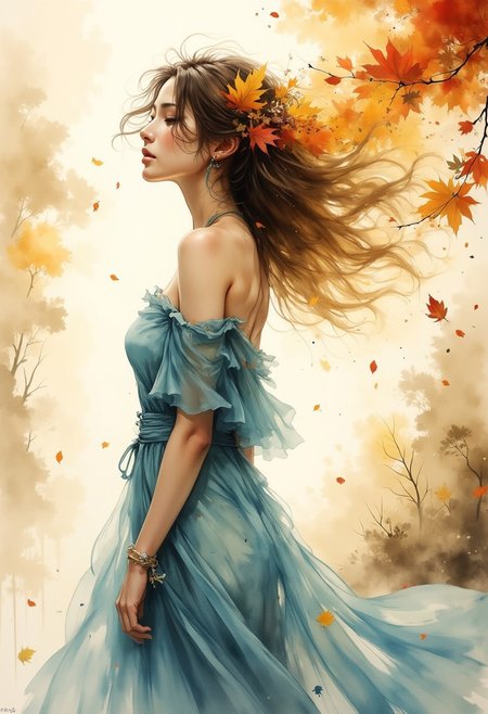A dinkfsn style ink wash painting of an ethereal embodiment of autumn’s fleeting grace, she stands poised amidst a swirling cascade of golden leaves, her presence as delicate and transient as the season itself. Her honey-brown hair flows in wild, untamed waves, adorned with fiery accents of autumn foliage, each leaf seeming to have chosen its place with purpose. Draped in a flowing, off-the-shoulder dress of pale blue, its gossamer fabric catches the soft light, evoking a sense of timeless elegance and a deep connection to nature’s rhythm. Her expression, both wistful and serene, carries a quiet longing, as though she’s a muse of the changing season, witnessing its beauty while carrying the weight of its impermanence. The golden glow of the leaves contrasts beautifully with the softness of her features, painting a scene that feels like a dream—a moment of autumn’s magic captured in a single breath of wind and light.