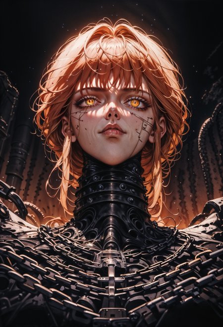 score_9, score_8_up, score_7_up,  masterpiece, best quality, very aesthetic, cinematic lighting, 1girl, makima (chainsaw man), chainsaw man, beautiful eyes, perfect face, chains, shadows, dark horror, neon cyberpunk,  <lora:Expressive_H-000001:0.8>, expressiveH  <lora:Pony_DetailV1.0:0.9> <lora:nostalgia-000011:0.9> retro