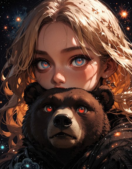 score_9, score_8_up, score_7_up, score_6_up, score_5_up, score_4_up,  girl and a bear, black bear, girl has blonde hair and blue eyes, bear red eyes, small eyes, galaxy, cosmic horror, black background