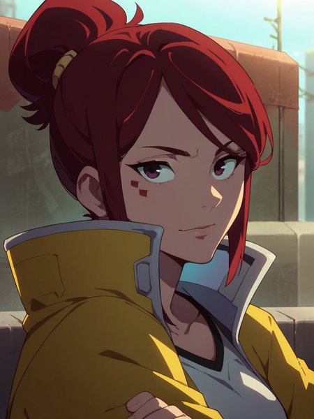 score_9, score_8_up, score_7_up, <lora:cyberpunk:0.8>,1girl,solo,red hair,facial mark,shirt,jacket,upper body,   ,looking at viewer,outdoors