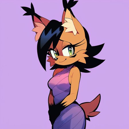 score_9, score_8_up, score_7_up, score_6_up, score_5_up, score_4_up, (Source furry), (rating safe),  <lora:Nicolethelynxpny:1>, nicole the lynx, 1girl, breasts, looking at viewer, smile, simple background, dress, bare shoulders, closed mouth, green eyes, standing, tail, own hands together, purple background, sonic the hedgehog \(series\), furry, furry female, black hair, animal ears, animal nose, animal ear fluff, solo, solo focus, body fur, brown fur, facial markings