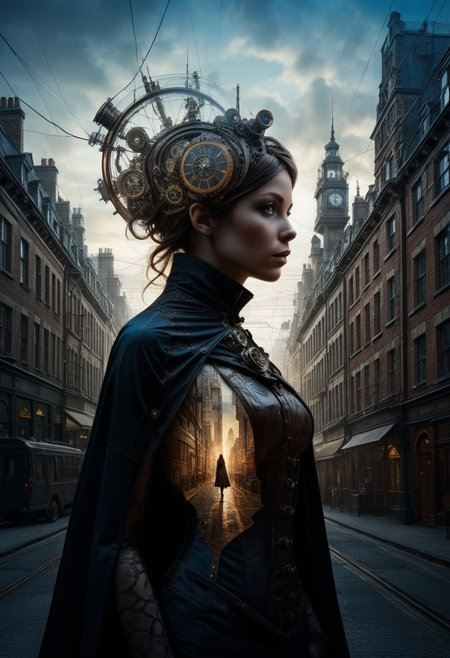 mysterious silhouette of a steampunk woman in a cape, steampunk buildings, goddess, alluring, by Minjae Lee, Carne Griffiths, Emily Kell, Steve McCurry, Geoffroy Thoorens, Aaron Horkey, Jordan Grimmer, Greg Rutkowski, amazing depth, double exposure, surreal, geometric patterns, intricately detailed, bokeh,  perfect balanced, deep fine borders, artistic photorealism , smooth,  great masterwork by head of prompt engineering   <lora:add-detail-xl:2>  <lora:Double_Exposure:0.5>