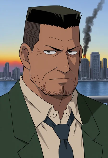 1boy, sunrise, (portrait:1.7), standing, serious, looking at viewer, 
BREAK
<lora:Inspector_Yuminaga_from_Detective_Conan_v1.0:1>
inspectoryuminaga, mature male, stubble, black hair, flattop, dark skin,
BREAK
green suit, beige shirt, collared shirt, dark blue necktie, brown belt, tie clip, open jacket,
BREAK
ocean, city, cityscape, day, smoke, explosion, skyscraper,
BREAK
very awa, masterpiece, best quality, absurdres, newest, perfect quality, detailed background, intricate details,