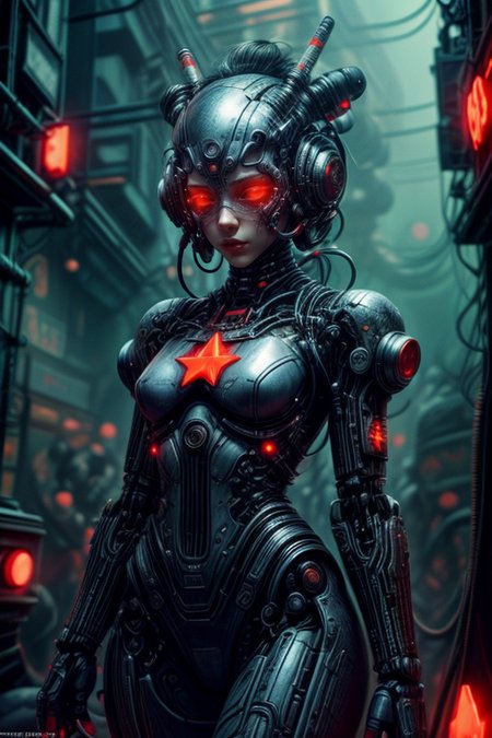cyberpunk cityscape cybernetic robot cybernetic style biomechanical cyberpunk SCI-FI,
cowboy shot,thigh gap,
femenine cyborg,helmet with antenna,mask,armor,
wire,cable,electricity,discharge,monitors,
cyberpunk,neon,
high technical room background,
<lora:Concept_-_Hella-sthetic_v2:0.7>,
(USSR,red star \(symbol\):1.5),
<lora:Concept_-_More_Details_v1.0:1>,, intricate, elegant, highly detailed, symmetry, magical atmosphere, sharp focus, majestic, very coherent, radiant, advanced, cinematic, artistic, fine detail, winning, beautiful, stunning, dramatic light, designed, rich deep colors, perfect professional background, ambient, tailored set composition  . cybernetics, human-machine fusion, dystopian, organic meets artificial, dark, intricate, highly detailed . futuristic, technological, cybernetic enhancements, robotics, artificial intelligence themes . android, AI, machine, metal, wires, tech, futuristic, highly detailed . neon lights, dark alleys, skyscrapers, futuristic, vibrant colors, high contrast, highly detailed