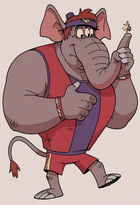 (score_9 | score_8_up | score_7_up)
((masterpiece:1))(best quality,very high quality,ultra detailed:1.2)
(2D,cartoon style,anime style)(Smooth:2)(clean blurring)
(four fingers on each hand,one thumb on each hand:1), Abu elephant, solo, brown hair, grey skin, black eyes, trunk, trunk nose, elephant trunk, elephant ears, monkey tail, purple vest, red and purple hat, alien, muscular, +++three eyes, extra eye, grey skin color, full body