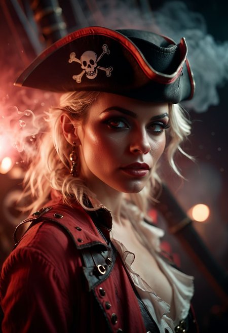 glamour portrait photo, macro, a captivating vibrant glow, mysterious female futuristic pirate, surrounded by particles emitting light, pirate ship, futuristic white rifle, ethereal, smoky backdrop. throwing a translucent white/tanslucent white/red fade, pirate clothing revealing cleavage, 100mm f/2.8 macro lens, atmospheric haze, Film grain, cinematic film still, shallow depth of field, highly detailed, high budget, cinemascope, moody, epic, OverallDetail, gorgeous, 2000s vintage RAW photo, photorealistic, candid camera, color graded cinematic, eye catchlights, atmospheric lighting, imperfections, natural, shallow dof