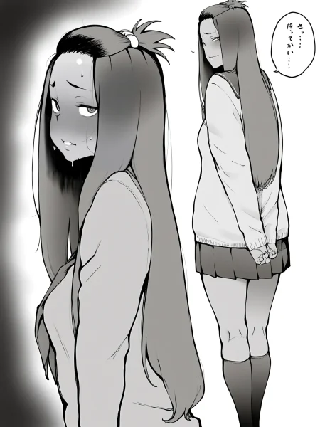 masterpiece,amazing quality, solo female, solo focus, 
 <lora:Metsuki_Warui_Kyoudan_Suruga_Kuroitsu_Hyouri_no_Omoi_Doujin_Character_And_Style_Illustrious:1>,metsuki_warui, long hair, blush, sweat, hetero, dark skin, dark-skinned female, school uniform, socks, bangs pinned back, 1girl, standing, looking back at viewer,