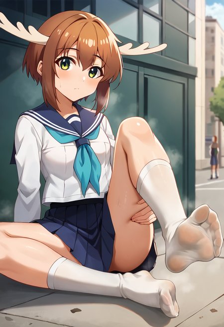score_9, score_8_up, score_7_up, source_anime, masterpiece, 1girl, ct_shikan0k0, blue skirt, blue sailor collar, blue neckerchief, serafuku, pleated skirt, long sleeves, outdoors, city, depth of field, sunny, day, shiny skin, kneehighs, looking at viewer, sitting, hand between legs, feet, soles, foot focus, sweat, smell, knee up, on ground, ground, :3, :d, head tilt, <lora:Shikanoko_Noko_pony_v1:0.8>