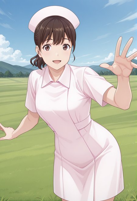 tantei1_kangofu, brown eyes, brown hair, ponytail, mature female, nurse cap, nurse, white dress, <lora:tantei1_kangofu_illustrious_ver1:0.8> 
smile, open mouth, cowboy shot,, masterpiece, best quality, sensitive,, 1girl, solo, blue sky, (grasslands:1.2), looking at viewer,, (dynamic pose:1.4),