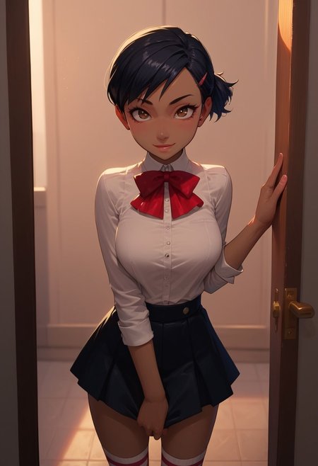 score_9, score_8_up, score_7_up, score_6_up, 
1girl, perfect face, cute, petite, looking at viewer,
yukop3, short hair, hairclip, dark skin, brown eyes, black hair, gekkoukan uniform, skirt, socks,
, male pov, submissive, three fingers, one thumb, bedroom, indoors, , random face expression, happy,  large breasts,  standing,  leaning against door way, seductive pose, ((stripping)), removing clothes,  open shirt, seductive expression,  hand on shirt, confident,  smirk,