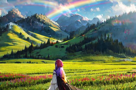 (otherworldly), highly insanely detailed, masterpiece, top quality, best quality, highres, 4k, 8k, RAW photo, (very aesthetic, beautiful and aesthetic), farm, fields, barn, fence, fantfa, <lora:FantasyFarm-10:0.7>, 
1girl, 
(rainbow-colored hair ,multi_color_hair,multicolored hair,multi colored hair,streaked hair), 
(dark background),âââ