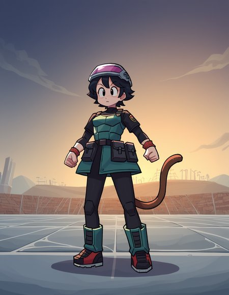 zPDXL, score_9, score_8_up, score_7_up, source_anime, 1girl, solo, absurdres, 4k, <lora:anapijama:0.8> anapijama, <lora:Parsleah_v1:0.8>  parsleahbase, black hair, short hair, black eyes, (monkey tail), small breasts, brown tail,, :\3, outstretched_hand, futuristic soldier wearing Electromagnetic pulse chest armor with EMP pulse emitter, EMP resistant tactical suit with magnetic shielding, neural interface helmet with EMP countermeasures, EMP pulse generator wristband, Tactical energy sword with variable blade length and plasma edge