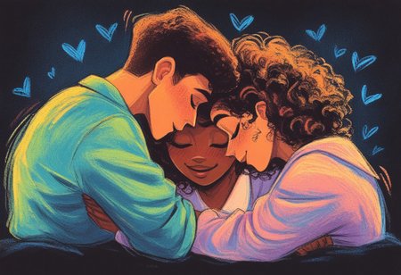score_9, score_8_up, score_7_up, source_cartoon, rating_safe, ncpy13 style, pastels drawing, dark blue background, passionate, romantic, motion lines. 
passionate cuddle FMF, ((three adults)), experimenting, pleasure, playful flirty, side view, interracial, multi-ethnic, gay, nonbinary, genderfluid, lesbian, hearts. 
1nonbinary mature person, 40 years old, wearing cute wholesome pajamas, ((long curly hair)), (curvy body:1.2), sexy, blush.
1nonbinary mature person, 40 years old, ((short hair)), wearing cute wholesome pajamas, (curvy body:1.2)
1nonbinary mature person, 40 years old, ((straight hair)), wearing cute wholesome pajamas, (curvy body:1.2)