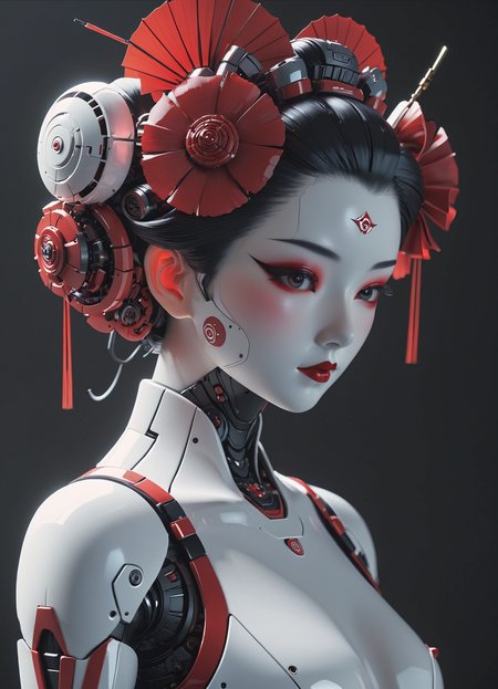 biomechanical style Japanese geisha beautiful image wallpaper, in the style of joel robison, infused with biomechanical parts, light white and dark crimson, samyang af 14mm f/2. 8 rf, classical figurative realism, 500â1000 ce, sculpted, anime-influenced  <lora:sss:0.8> <lora:Channel_42:0.8> *Channel_42* <lora:MJ52:0.3> <lora:sdxl:0.38>, subsurface scattering, Photorealistic, Hyperrealistic, analog style, realistic, film photography, soft lighting, heavy shadow, detailed skin texture, (blush:0.5), (goosebumps:0.5), subsurface scattering . blend of organic and mechanical elements, futuristic, cybernetic, detailed, intricate