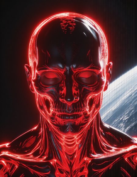 a close up of a person's face with a planet in the background, ash thorp, emitting evil red aura, depicted as a 3d render, closeup of face melting in agony, by Huang Ding, hallucinogen, nyarlathotep, black energy, emissive lighting, satanic carl sagan, floating on space, oktane render, artist rendition,simple chromatic xray, head and torso,evil glow,trending on artstation, gradient light red <lora:Hyper-FLUX.1-dev-8steps-lora:0.16> ,<lora:aidmaMJ6.1_v0.5_3:0.8> aidmamj6.1 <lora:fluxetherealfeel:0.8> ,<lora:flux-blurlora:0.8>,blurlora,ethfeel
