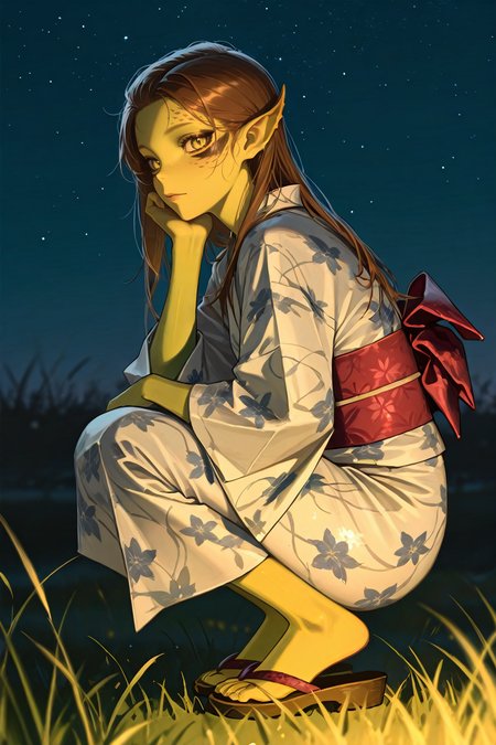 masterpiece, best quality, absurdres,
<lora:BGLaezel:1.0>
BGLaezel, 1girl, brown hair, long hair, colored skin, pointy ears, looking at viewer, night, grass, squatting, yukata, japanese clothes, floral print, obi, from side, looking at viewer, sandals, star \(sky\)
