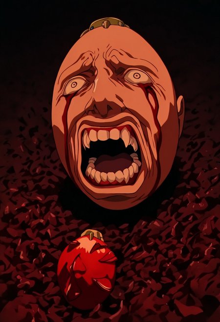 masterpiece, best quality, newest, absurdres, highres, 
anime, anime style, berserk
BBH/EOK-V1.0-awoken, blood from eyes, screaming, teeth, shouting, wide-eyed, behelit, jewelry, bald, BBH/EOK-V1.0-base, behelit, jewelry, fruit, apple, egg