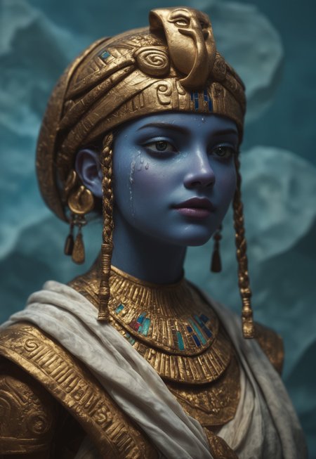 masterpiece, best quality, highly detailed, score_9, score_8_up, score_7_up, Expressiveh, 
Envision a close-up portrait of a female figure wrapped in ancient, hieroglyph-covered cloth, surrounded by a cold, polygonal blue background. The fabric is aged, with cobwebs adorning its edges, and each hieroglyph is meticulously detailed, adding layers of mystery to the figure. Only their eyes are visible, emanating an otherworldly presence that contrasts sharply with the sharp, crystalline facets of the background. The blue gradient ranges from icy whites to deep navy, giving a sense of an endless, frozen landscape. The detailed textures of the fabric and the clarity of the background facets make the scene feel tangible, as if the figure were a relic preserved within a digital prism. This fusion of ancient and modern aesthetics invokes a haunting and futuristic atmosphere, a glimpse into a world where the past is locked within an icy, geometric void.
<lora:Dynamic Poses:1> 
<lora:detailed_notrigger:1>
 (((full clothed))),