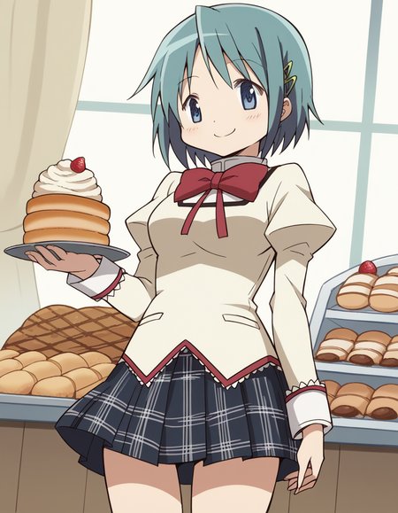 score_9, score_8_up, score_7_up, source_anime, <lora:sayaka-miki-s1-ponyxl-lora-nochekaiser:1>, sayaka miki, short hair, blue eyes, hair ornament, blue hair, hairclip, medium breasts,, skirt, school uniform, mitakihara school uniform, puffy sleeves, plaid skirt, pleated skirt, bowtie, red bowtie, bakery, bread, pastries, sweets,, , <lora:seductive-smile-ponyxl-lora-nochekaiser:1>, seductive smile, come hither, naughty face,, looking at viewer, solo,, dutch angle, cowboy shot