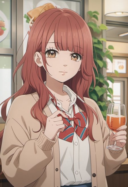 score_9, score_8_up, score_7_up, source_anime, kanno serina, red hair, long hair, brown eyes, 1girl, cup, solo, food, cardigan, bow, school uniform, holding, looking at viewer, bowtie, upper body, drinking glass, shirt