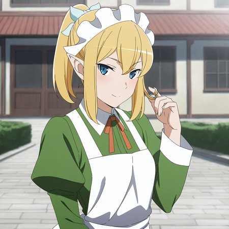 <lora:Ryu-000018:0.7>Ryu,solo,looking at viewer,blonde hair,ponytail,enmaided,maid headdress,light blush,seductive smile,hair twirling,upper body,outdoors,