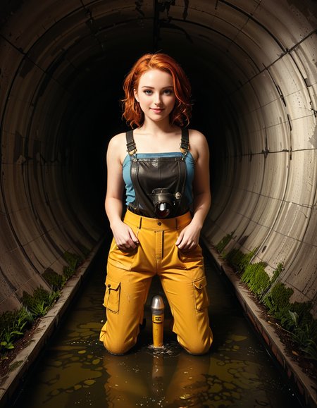 A young woman, April O'Neil, stands confidently in front of a large, circular sewer pipe,L4rg3 s3w3r p1p3. She has vibrant red, shoulder-length wavy hair and wears her iconic bright yellow jumpsuit with utility-style details, such as rolled-up sleeves and visible pockets. A brown utility belt is fastened around her waist. She holds a microphone or a small camera in one hand, highlighting her role as a journalist. Her expression is determined and slightly smiling, radiating courage and curiosity.
The sewer pipe behind her is massive and weathered, with green moss and moisture stains around its edges. The interior of the pipe is dark and shadowy, while the exterior is illuminated by soft natural light. There is a small puddle of water or wet ground in front of the pipe, reflecting faint light.
The background features an urban, industrial setting with worn brickwork surrounding the sewer opening, showing signs of age and decay. Small wild plants and grass grow around the base, adding a touch of nature to the scene.
The lighting is soft and dramatic, with natural sunlight streaming in and casting gentle reflections on the ground and inside the pipe. The image is styled as a semi-realistic illustration with vivid, bright colors for April O'Neil, contrasting with the muted, earthy tones of the background. The overall mood is adventurous and cinematic.<lora:SDXLFaeTastic2400:0.4> <lora:extremely_detailed:0.4> extremely detailed, <lora:L4rg3_s3w3r_p1p3:1>, Masterpiece,best quality,hi res,8k,hi res,8k,award winning,(sharp focus, intricate, highly detailed),