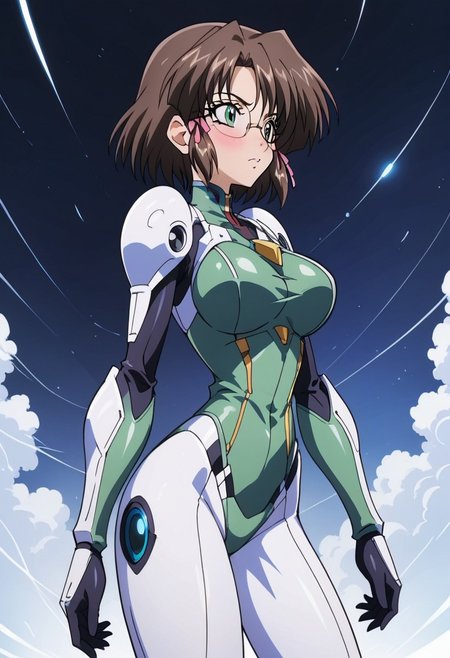 futuristic warrior girl, 1girl, <lora:RaikaKenStyle-09:1> true blue kaya, short hair, brown hair, hair ribbon, green eyes, glasses, blush, feminine, green armor, silver tech, SilverPulse, standing, holding futuristic assault riffle, defiant pose, futuristic background, neonpunk, <lora:Kaya_-_a«a¤_TRUE_BLUE_Gaiden_for_Pony:1>,1girl, breasts, solo, large_breasts, standing, one_hand_on_ground, other_hand_on_thigh, torso_twist, side_view, elegant_pose, soft_lighting, medium_angle,