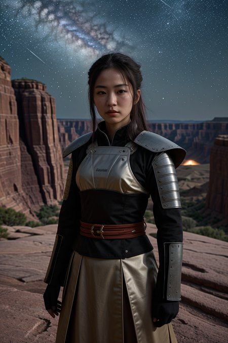 female samurai warrior,  during a meteor shower with streaks of light, vast canyon system with intricate rock layers in background. Award-winning, professional, highly detailed. <lora:picxer_real:0.7>, (HDR, High Dynamic Range, vibrant colors, high contrast, detailed, UltraHD, 8K, cinematic, 80mm, high detail)