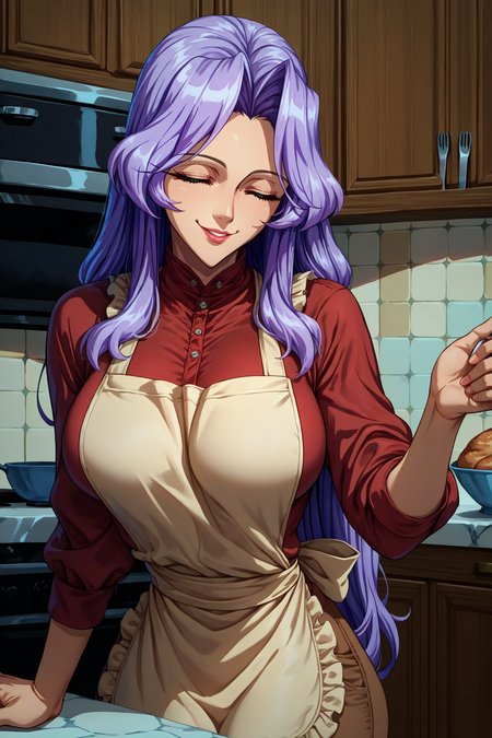 score_9, score_8_up, score_7_up, score_6_up, source_anime, 1girl, solo,  <lora:valkfreya-pdxl-nvwls-v1-000004:1> valkFr, lavender hair, long hair, green eyes, lipstick, large breasts, red shirt, apron, brown pants, closed eyes, smile, happy, kitchen, looking at you