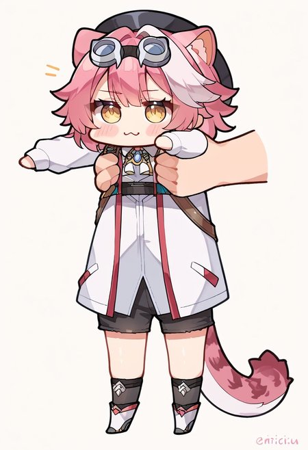 score_9, score_8_up, score_7_up, source_anime, 1girl, white background, 
BREAK ,
animal ears, tail, yellow eyes, streaked hair, multicolored hair, goggles, hat, raora_main, thighhighs, IncrsXLLCM, full body, chibi, holding person,