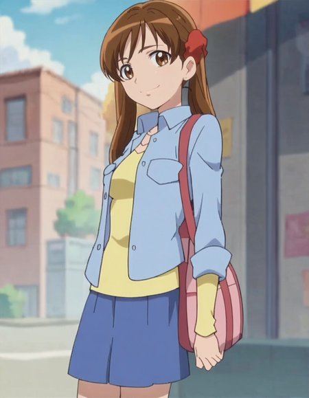 score_9, score_8_up, score_7_up,anime screencap,1girl,solo,sakagamiayumi,  skirt, looking at viewer,  smile, blue skirt, long sleeves,yellow shirt,blue jacket, medium breasts,<lora:sakagamiayumi:0.8>