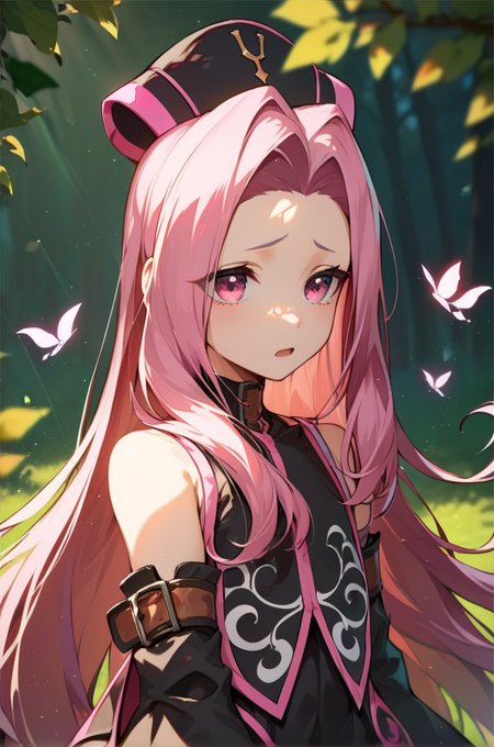 score_9, score_8_up, score_7_up, very aesthetic, source_anime, detailed, high quality, beautiful, masterpiece, detailed eyes,
<lora:lightXL:0.8>
forest, blurry background, magic effects,
 <lora:action-sdxl-V0.5:1>zdyna_pose
dynamic angle, upper body, close up,
 sad, open mouth, upper body, casting spell,
<lora:arietta_autismConfetti_v01:0.99>flat chest, 
1girl, arietta \(tales\), black headwear, pink hair, pink eyes, garter straps, thighhighs, thigh boots, very long hair, zettai ryouiki, detached sleeves, parted hair, frills, black dress,, zPDXL