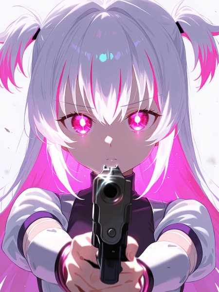 <lora:nai_ILL:0.8>,
<lora:Glowing_Spot_Color_-_Illustrious:0.6>, glowing eyes, streaked hair, glowing inner hair, glowing streaks,
1girl, aiming, aiming at viewer, blurry edges, closed mouth, finger on trigger, gun, hair between eyes, handgun, holding, holding gun, holding weapon, long hair, magical girl, pink eyes, purple hair, solo, turtleneck, upper body, weapon, white background, white hair,two side up,white dress