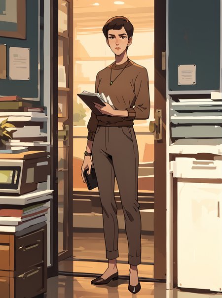 score_9, score_8_up, score_7_up, 1girl,short hair, cartoon, western animation, looking at viewer, flat colors, outline, full body, <lora:ellenkpxl:1>, ellenkpxl,  brown hair, brown sweater, necklace, 2d, office, pants,best quality,